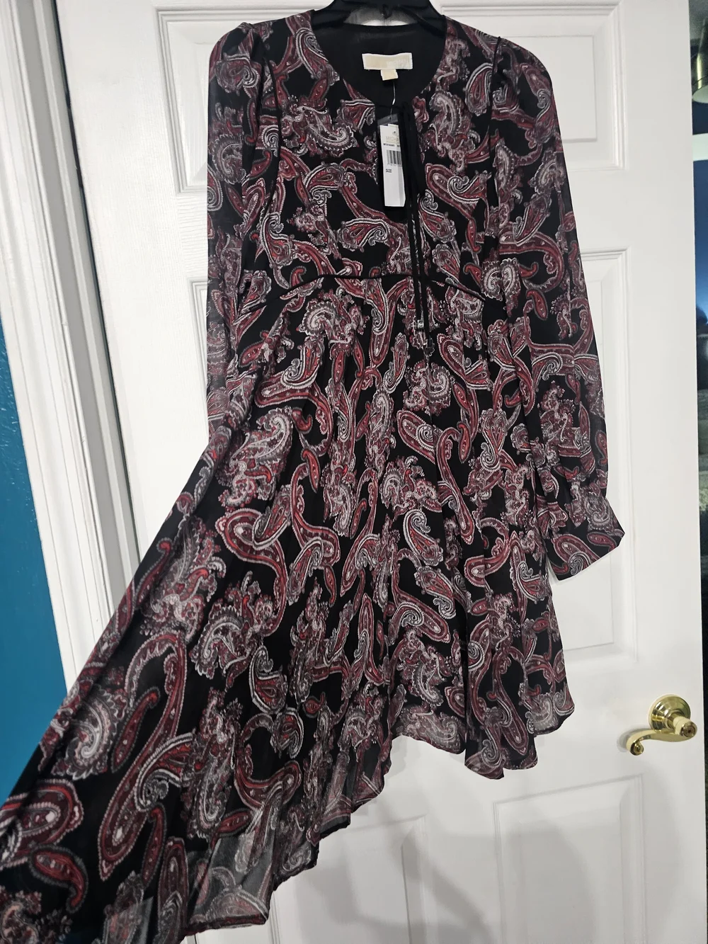 Michael Kors Black Paisley Long Sleeve Tiered Dress with Red Accents